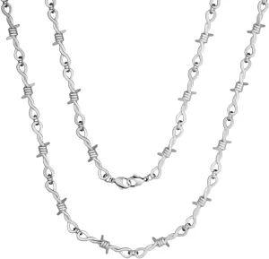 Sacina Silver-tone Barbed Wire Chain Necklace 16/18/20/22 in, Gothic Emo Punk Grunge Necklace, Goth Jewelry, Christmas Jewelry Gift for Women