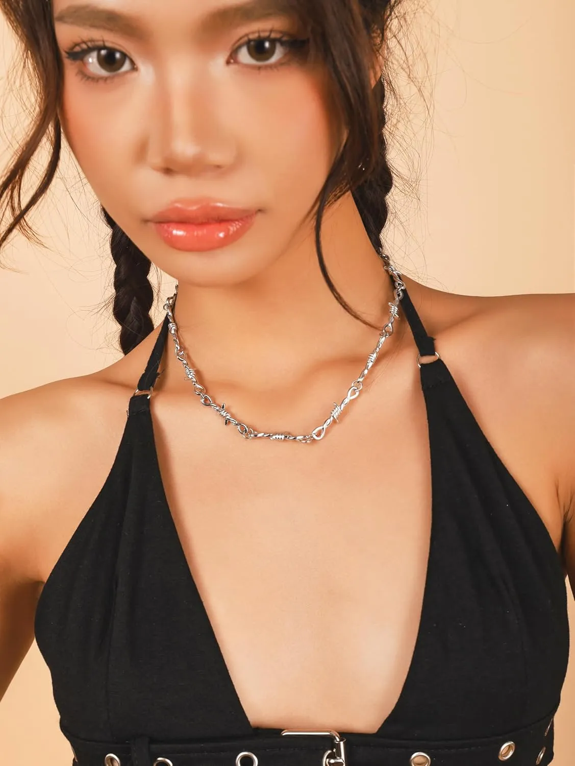 Sacina Silver-tone Barbed Wire Chain Necklace 16/18/20/22 in, Gothic Emo Punk Grunge Necklace, Goth Jewelry, Christmas Jewelry Gift for Women