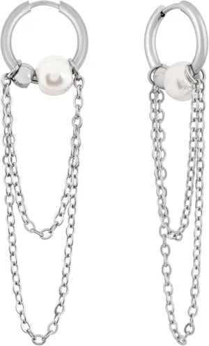 Sacina Silver-tone Imitation-Pearl Chain Hoop Earrings, Gothic Emo Punk Grunge Y2k Earrings, Goth Jewelry, Christmas Jewelry Gift for Women