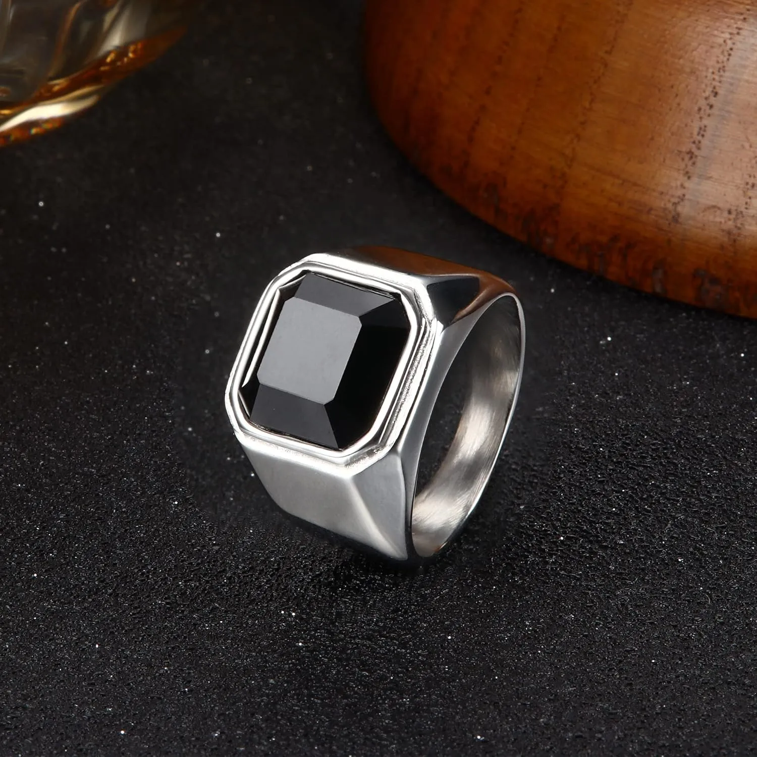 SAILIMUE 3Pcs Stainless Steel Signet Rings for Men Women Black Silver Simple Square Agate Solid Polished Biker Band Pinky Thumb Rings Set Size 7-13