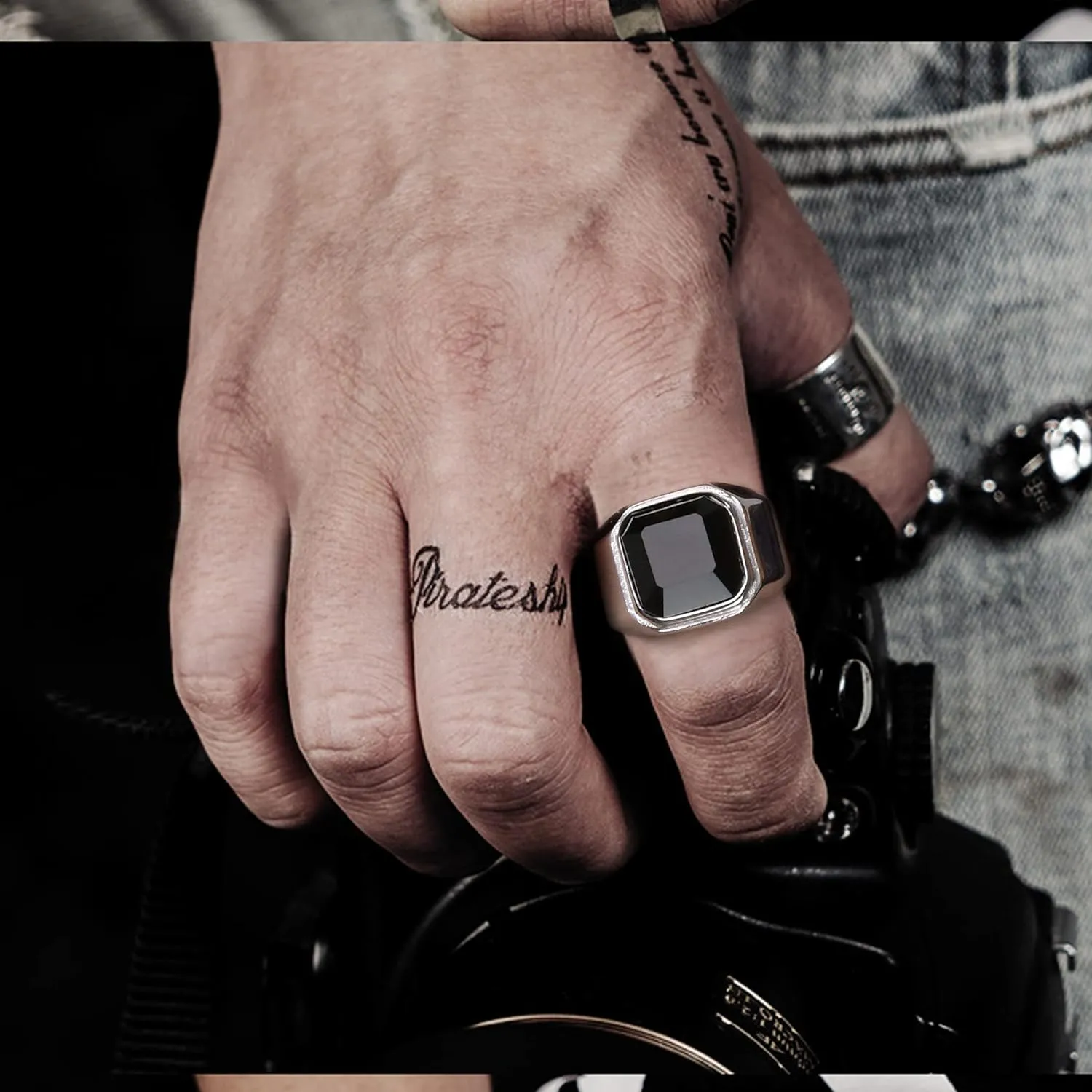 SAILIMUE 3Pcs Stainless Steel Signet Rings for Men Women Black Silver Simple Square Agate Solid Polished Biker Band Pinky Thumb Rings Set Size 7-13