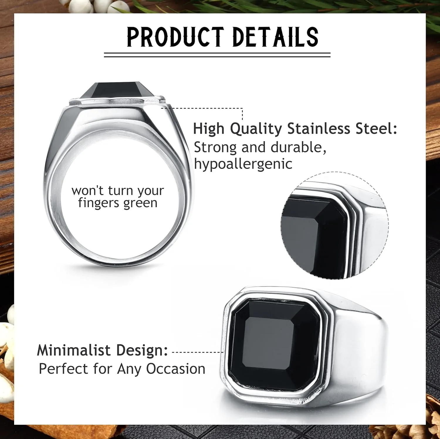 SAILIMUE 3Pcs Stainless Steel Signet Rings for Men Women Black Silver Simple Square Agate Solid Polished Biker Band Pinky Thumb Rings Set Size 7-13