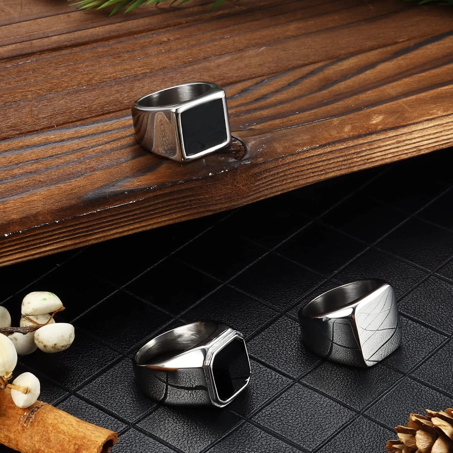 SAILIMUE 3Pcs Stainless Steel Signet Rings for Men Women Black Silver Simple Square Agate Solid Polished Biker Band Pinky Thumb Rings Set Size 7-13