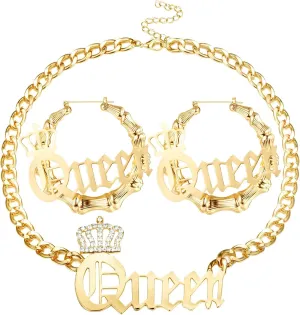 SAILIMUE Queen Pendant Curb Chain Necklace with Oversize Statement 90s Bamboo Hoop Earring Set for Women Gold Plated Color Punk Style Hip Hop Rapper