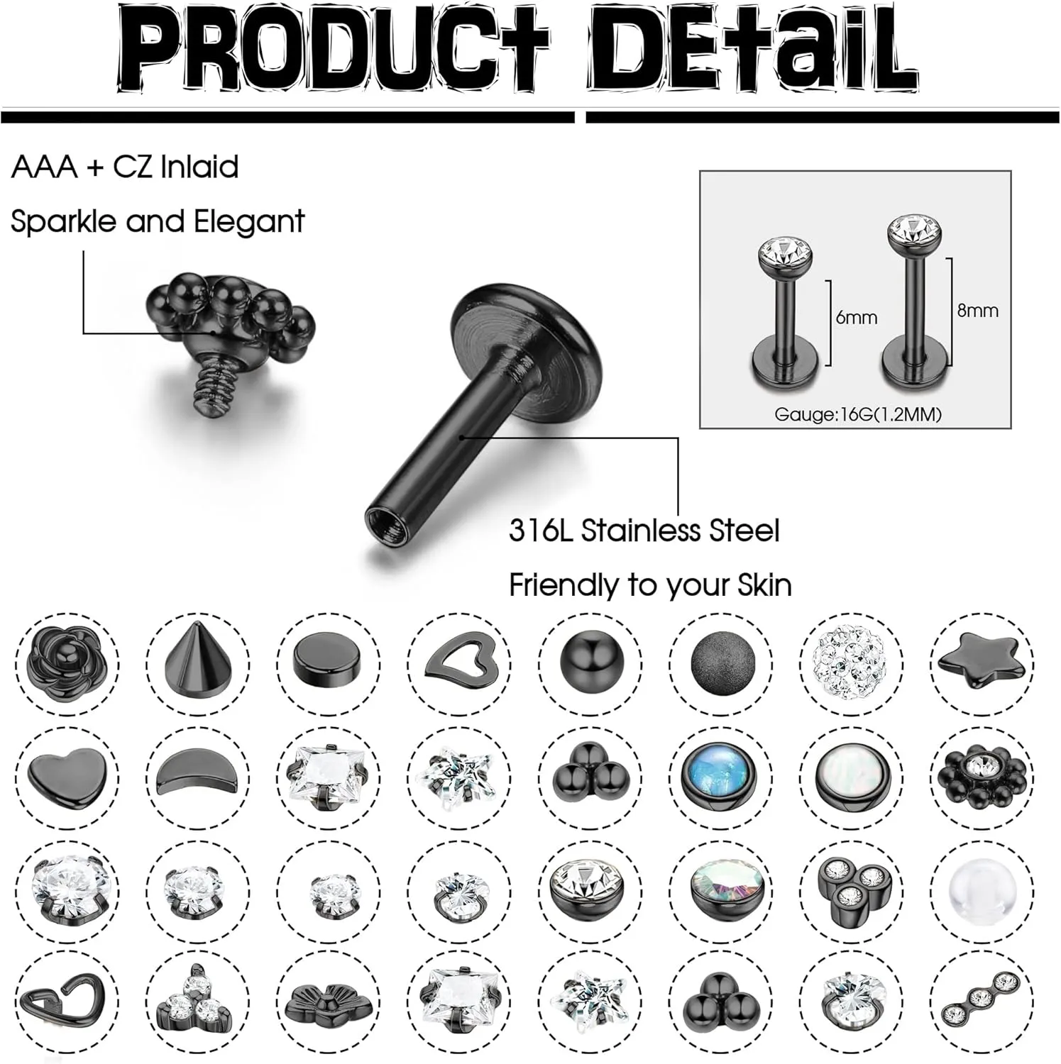 Sanfenly Lip Rings for Women Men 16G Medusa Labret Lip Piercing Jewelry 6MM 8MM Lip Ring Studs Silver Gold Black Rose Gold Tragus Helix Cartilage Earrings