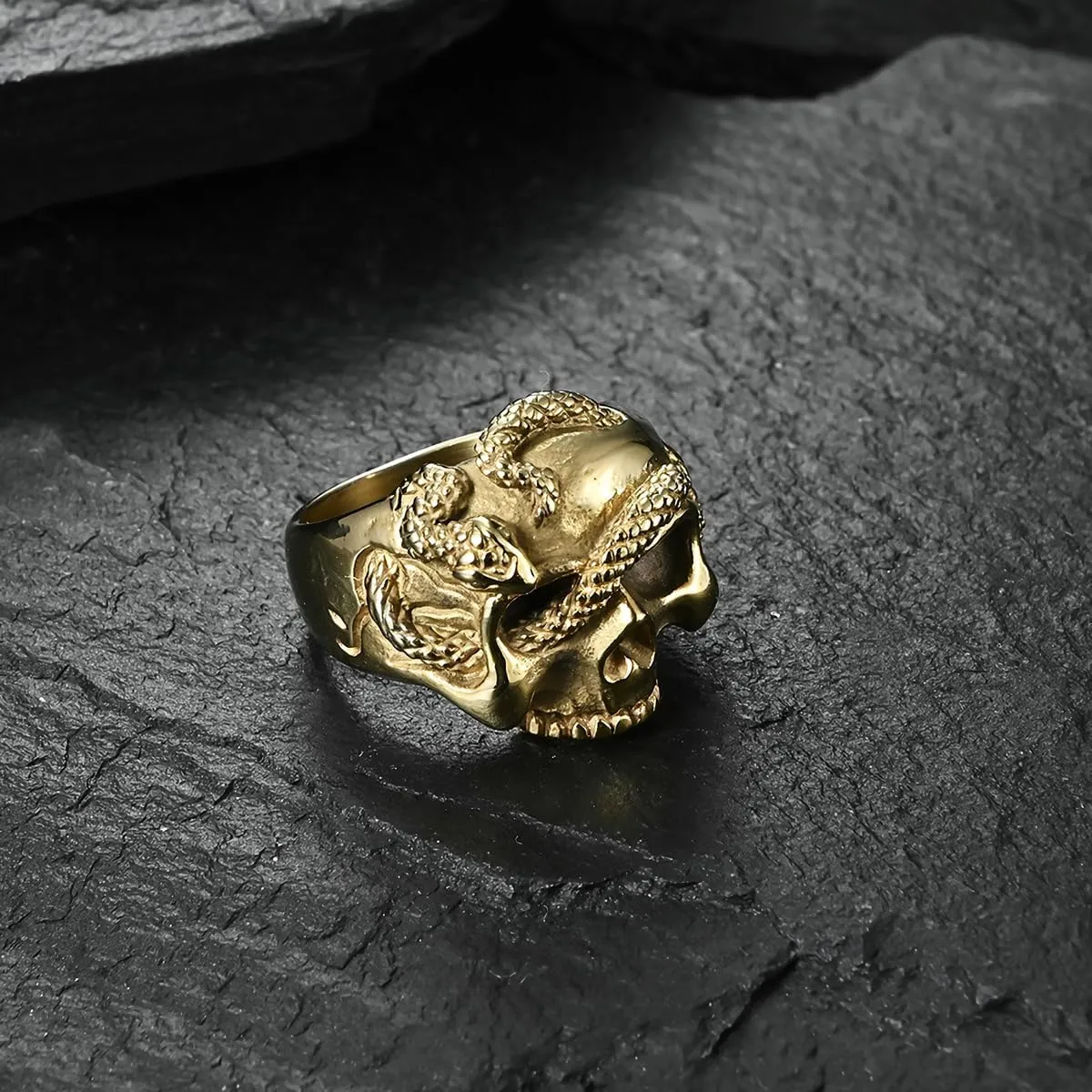 Serpentine Skull Ring Stainless Steel Punk Ring Biker Cocktail Party Ring Gold Silver Rings for Men