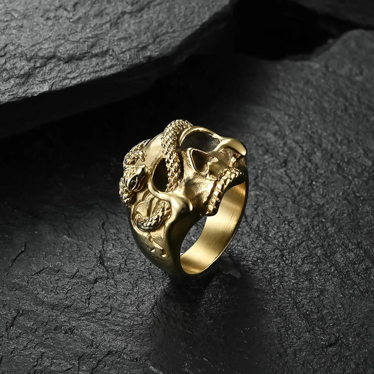 Serpentine Skull Ring Stainless Steel Punk Ring Biker Cocktail Party Ring Gold Silver Rings for Men