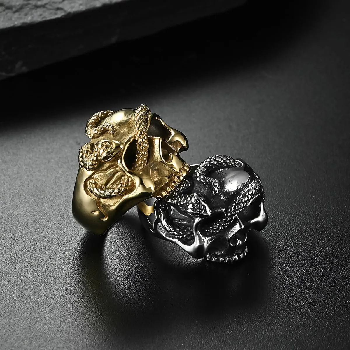 Serpentine Skull Ring Stainless Steel Punk Ring Biker Cocktail Party Ring Gold Silver Rings for Men
