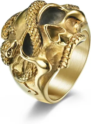 Serpentine Skull Ring Stainless Steel Punk Ring Biker Cocktail Party Ring Gold Silver Rings for Men