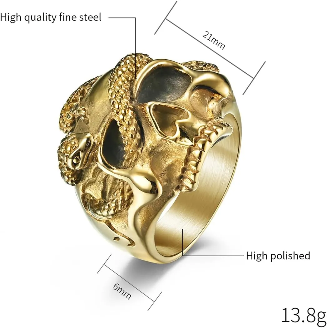 Serpentine Skull Ring Stainless Steel Punk Ring Biker Cocktail Party Ring Gold Silver Rings for Men