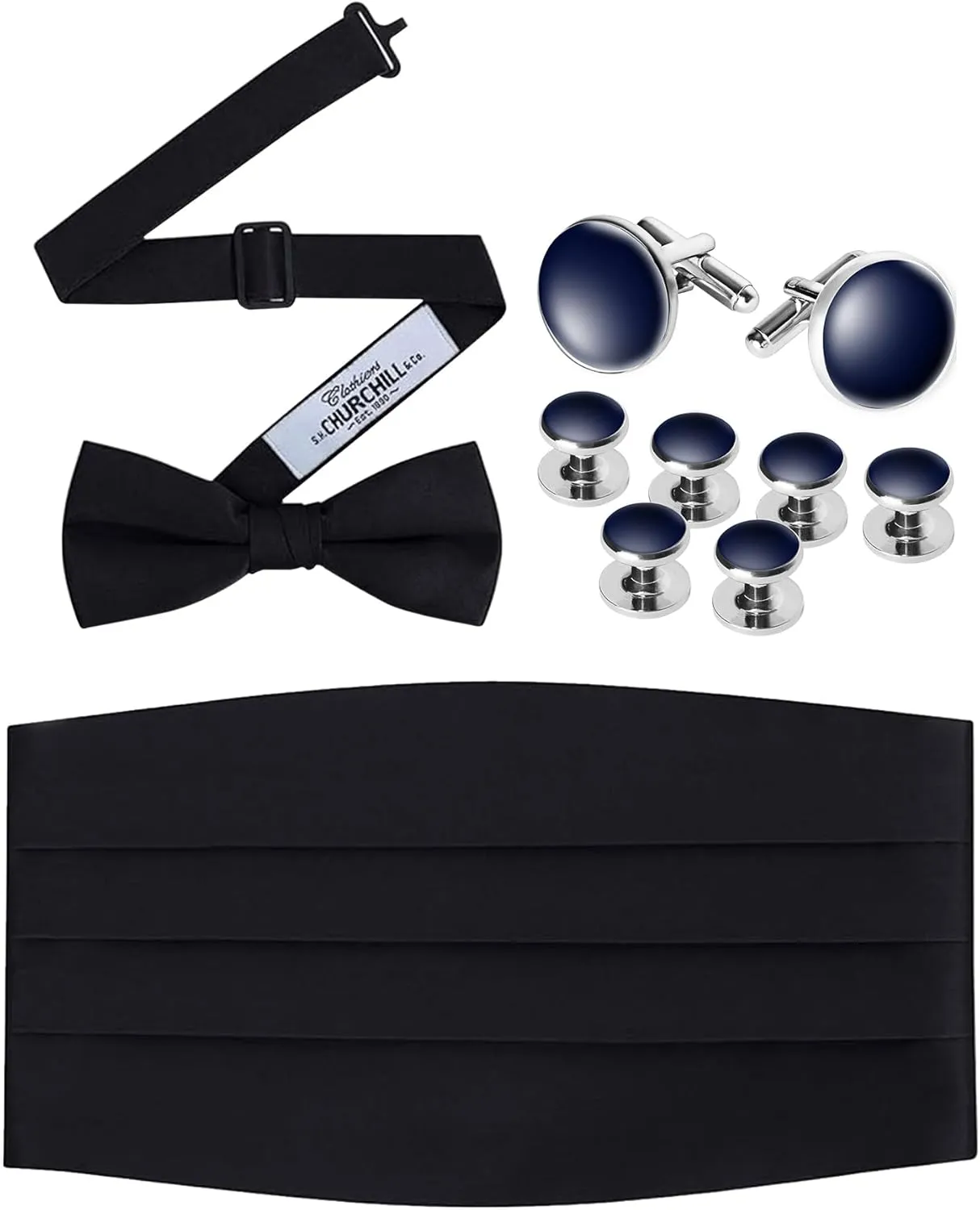 S.H. Churchill & Co. Black Bowtie, Cummerbund, Cufflinks & Studs Set  Classic Formal Accessories for Wedding, Prom, Event