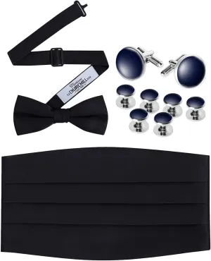S.H. Churchill & Co. Black Bowtie, Cummerbund, Cufflinks & Studs Set  Classic Formal Accessories for Wedding, Prom, Event