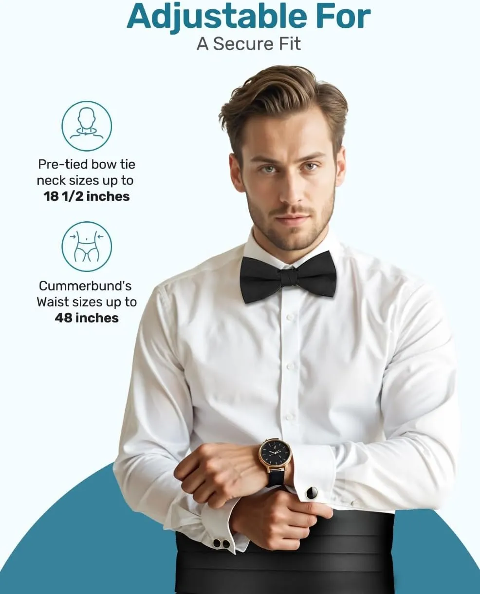 S.H. Churchill & Co. Black Bowtie, Cummerbund, Cufflinks & Studs Set  Classic Formal Accessories for Wedding, Prom, Event