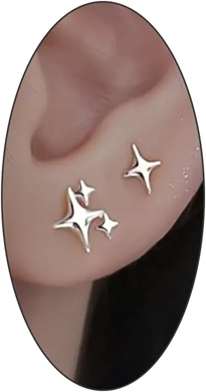 Silver Cute Asymmetrical Star Stud Earrings for Women,Minimalist Four-Pointed Star Stud Earrings,Delicate Little Polygon,Sparkling Earrings Holiday Gifts