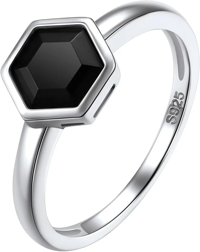 Silvora 925 Sterling Silver Simple Black CZ Ring Tiny Wedding Band Rings for Women Size 5-12