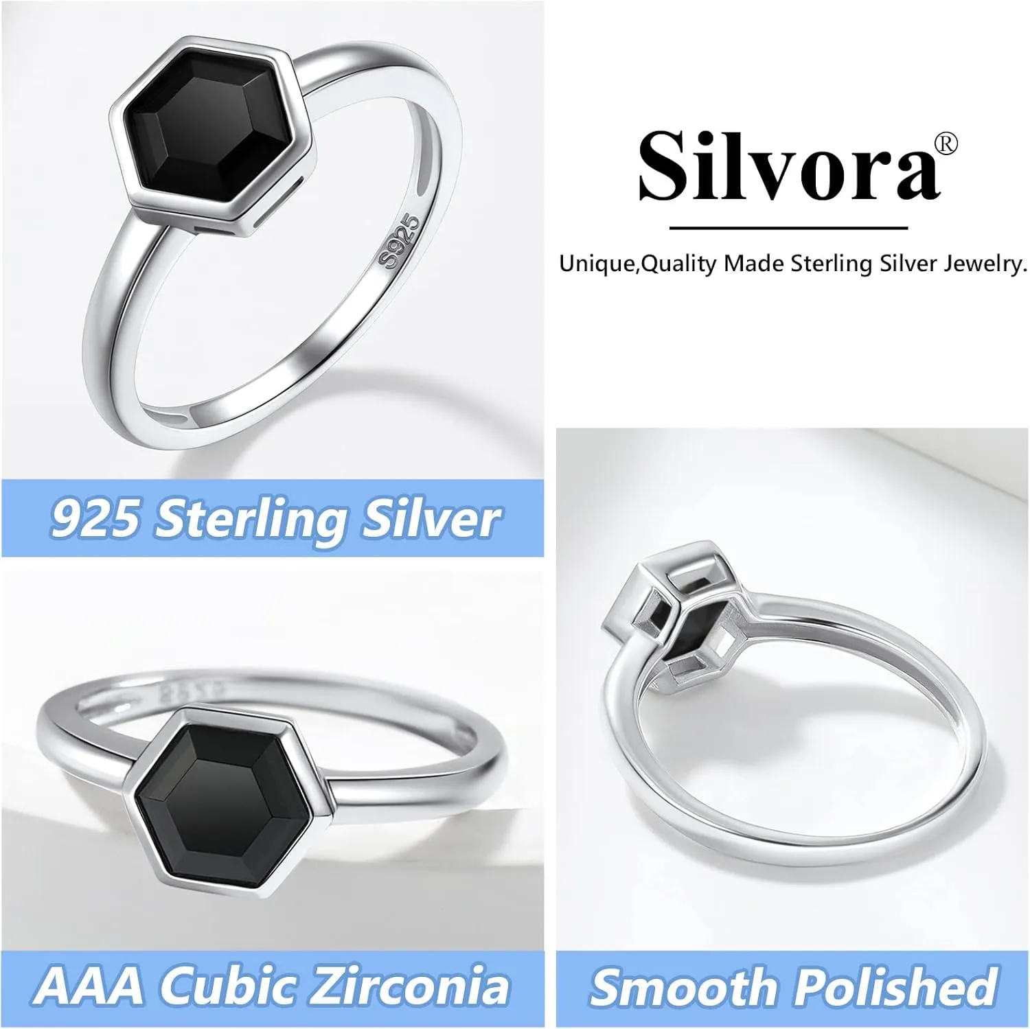 Silvora 925 Sterling Silver Simple Black CZ Ring Tiny Wedding Band Rings for Women Size 5-12