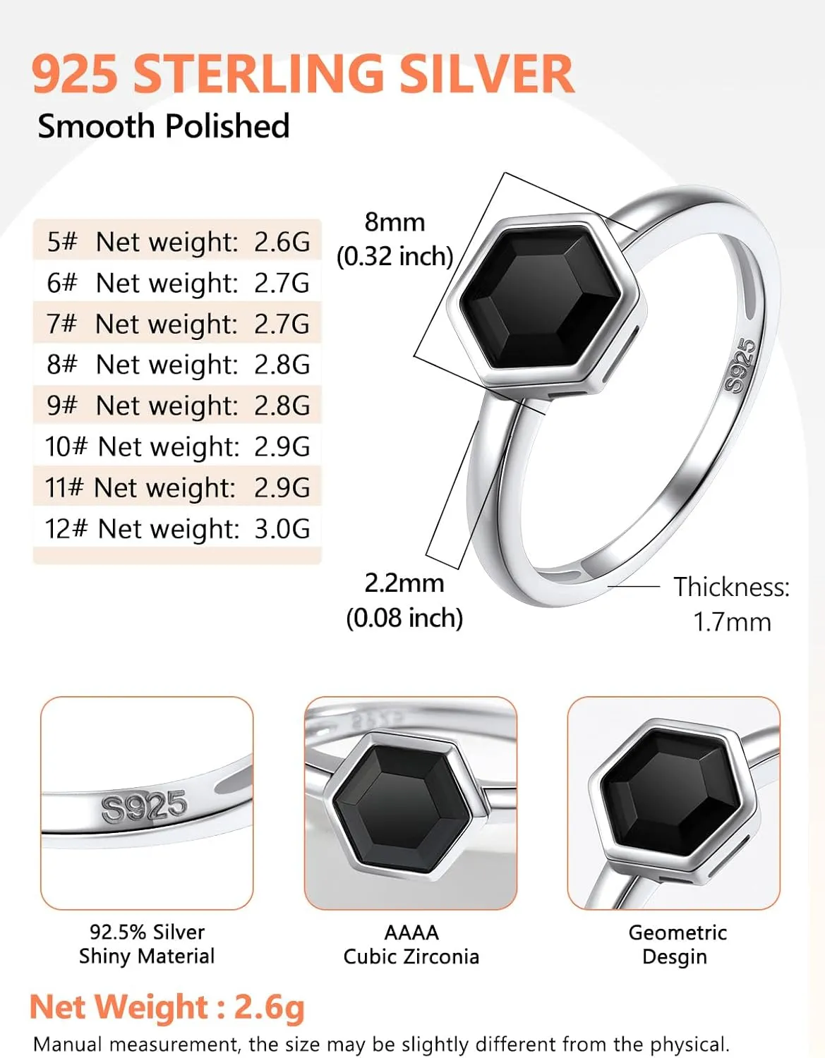 Silvora 925 Sterling Silver Simple Black CZ Ring Tiny Wedding Band Rings for Women Size 5-12