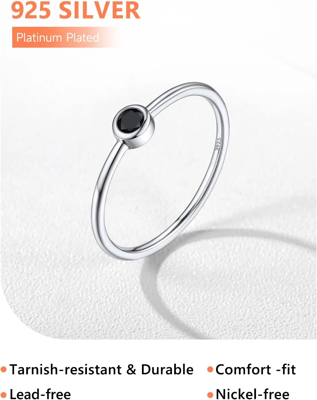 Silvora 925 Sterling Silver Simple Black Round Ring for Women Tiny Silver Wedding Band Rings Size 4-12
