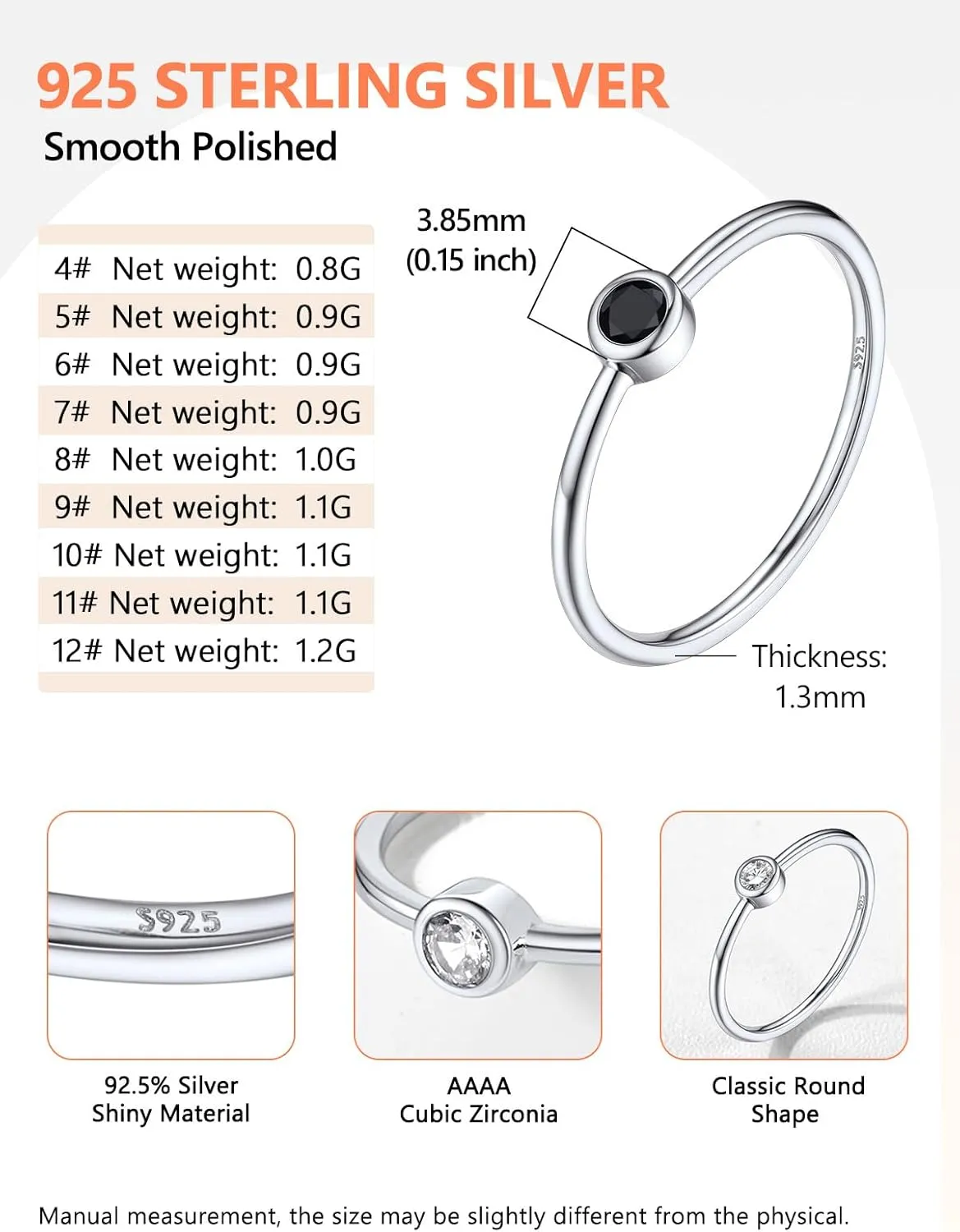 Silvora 925 Sterling Silver Simple Black Round Ring for Women Tiny Silver Wedding Band Rings Size 4-12