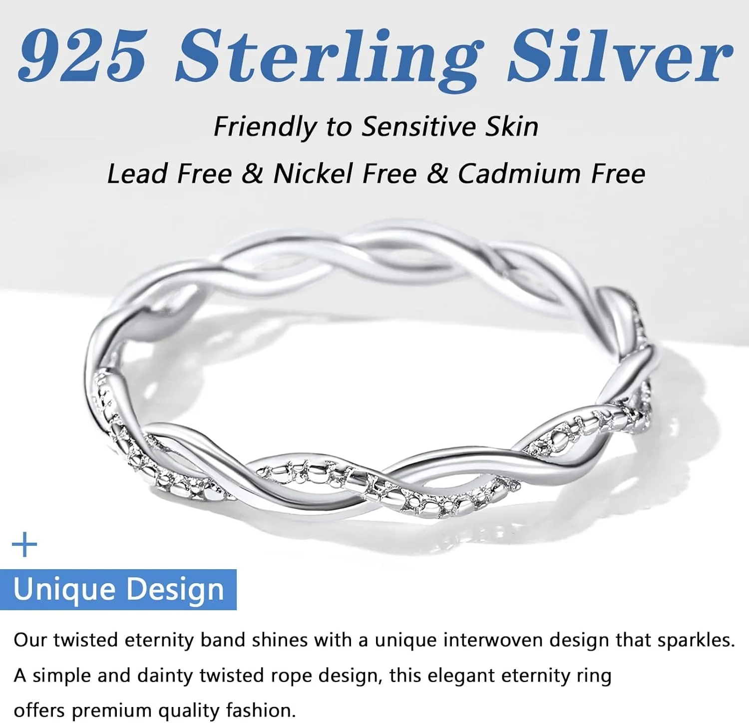 Silvora 925 Sterling Silver Twisted Ring Full Cubic Zirconia Simple Twisted Band Ring for Women Size 4-12