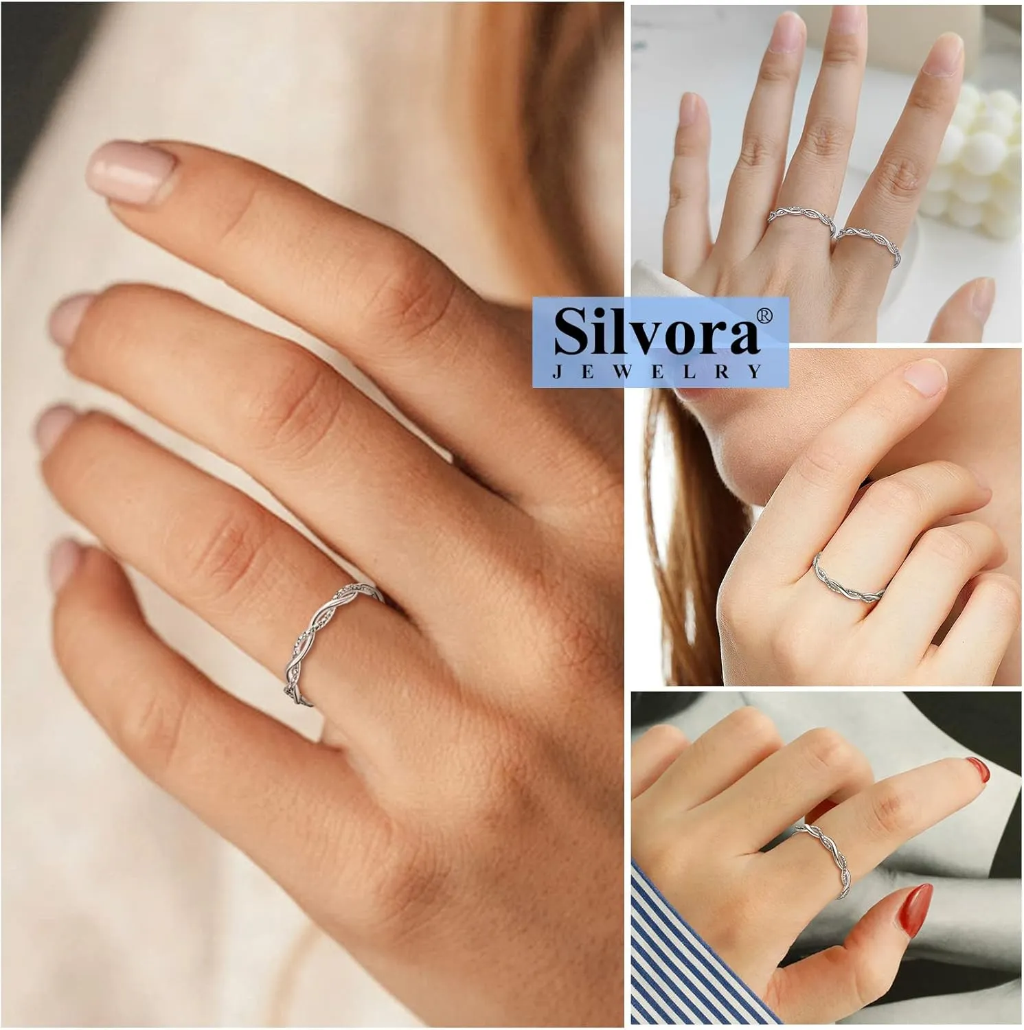 Silvora 925 Sterling Silver Twisted Ring Full Cubic Zirconia Simple Twisted Band Ring for Women Size 4-12