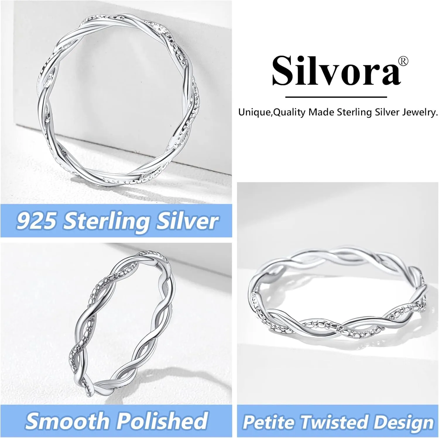 Silvora 925 Sterling Silver Twisted Ring Full Cubic Zirconia Simple Twisted Band Ring for Women Size 4-12
