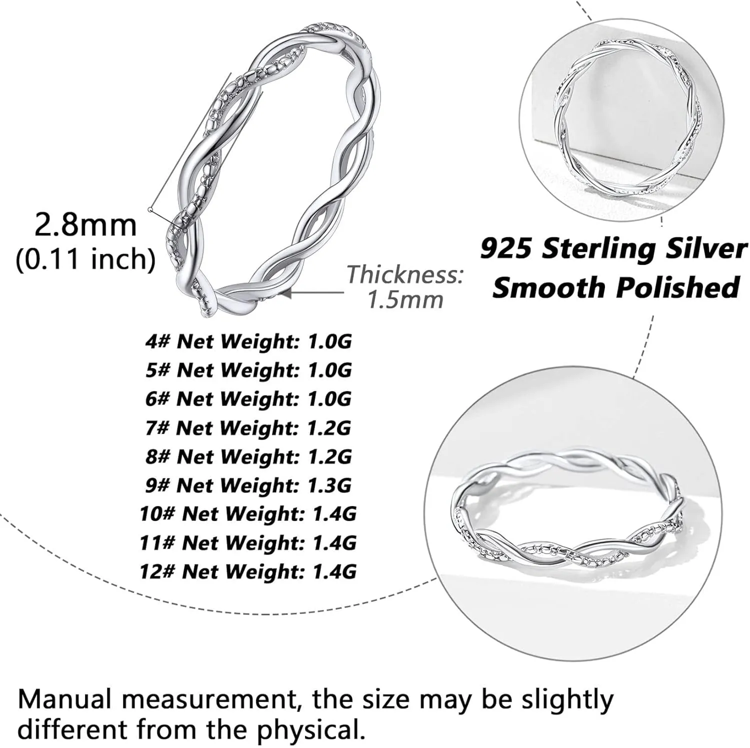 Silvora 925 Sterling Silver Twisted Ring Full Cubic Zirconia Simple Twisted Band Ring for Women Size 4-12