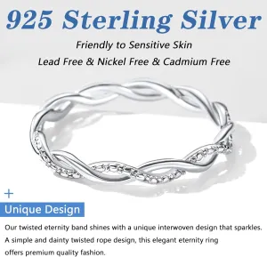 Silvora 925 Sterling Silver Twisted Ring Full Cubic Zirconia Simple Twisted Band Ring for Women Size 4-12