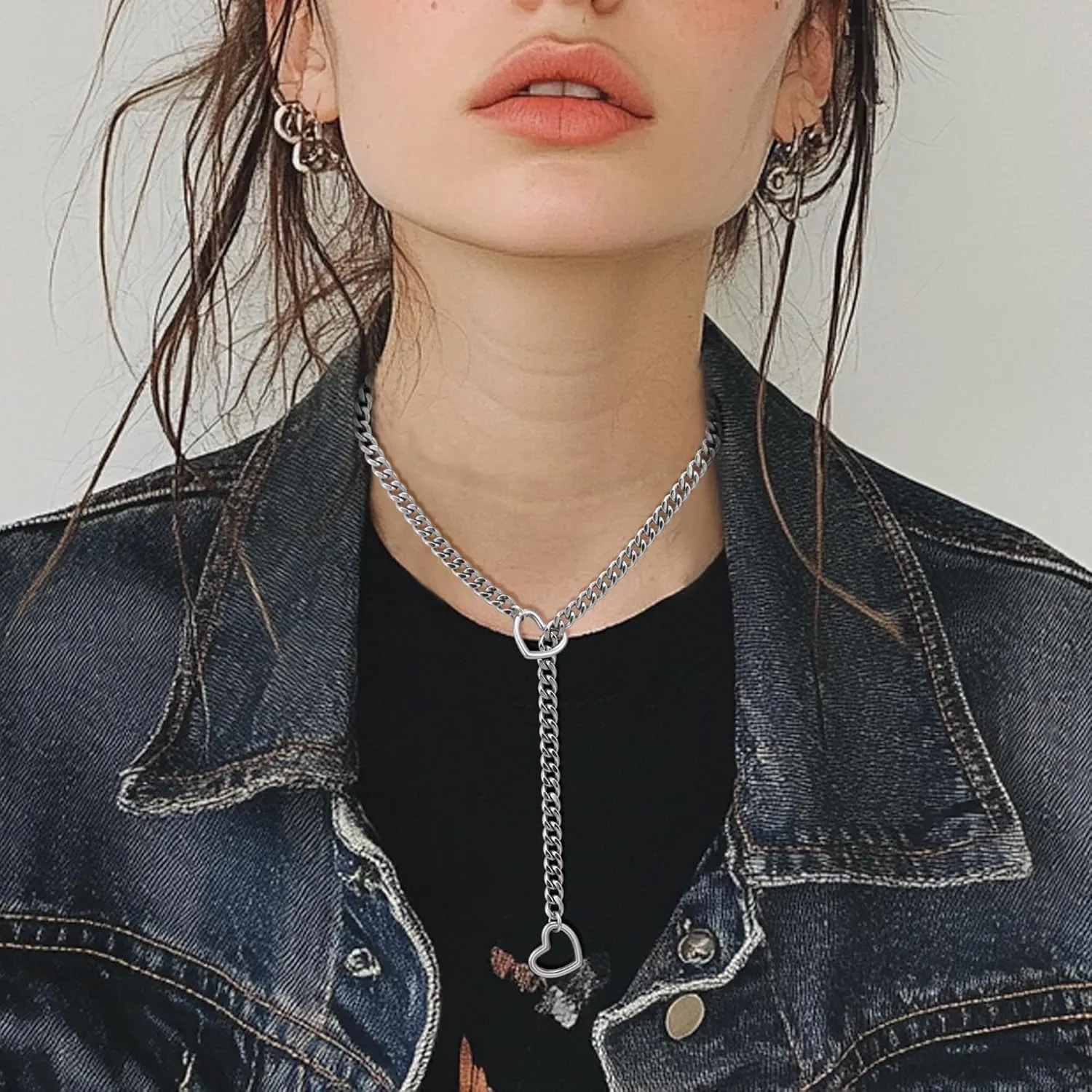Slip Chain Necklace for Women, Adjustable Heart O-Ring Choker with Stainless Steel Chain, Punk Style Edgy Jewelry Gift, Available in 25-34''