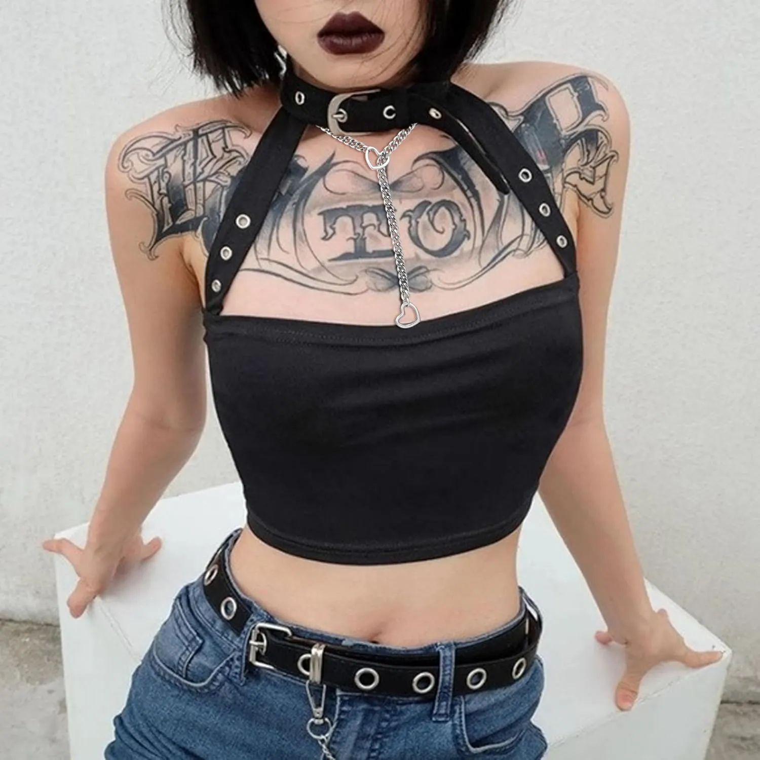 Slip Chain Necklace for Women, Adjustable Heart O-Ring Choker with Stainless Steel Chain, Punk Style Edgy Jewelry Gift, Available in 25-34''