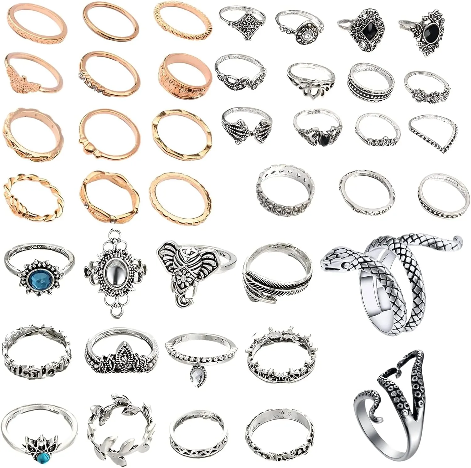 Snake Octopus Knuckle Rings Set, Simple Stacking Rings for Women Girls Men, Vintage Retro Crystal Bohemian Midi Rings, Joint Nail Cuff Statement Finger Rings