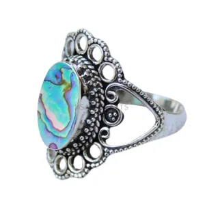 Solid 925 Sterling Silver Ring for Women & Men, Abalone Shell Ring Gemstone Unique Handcrafted Ring (US Size 11)