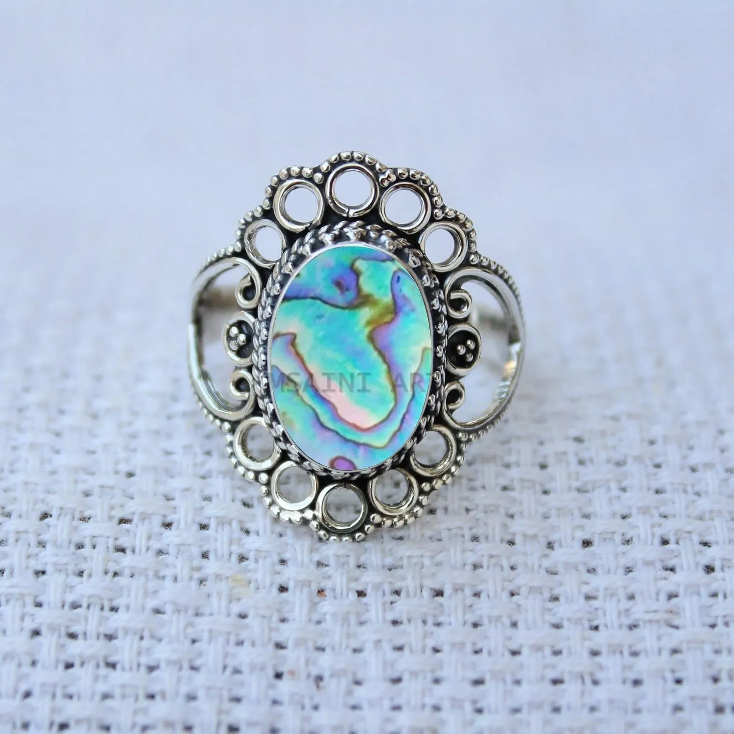 Solid 925 Sterling Silver Ring for Women & Men, Abalone Shell Ring Gemstone Unique Handcrafted Ring (US Size 11)