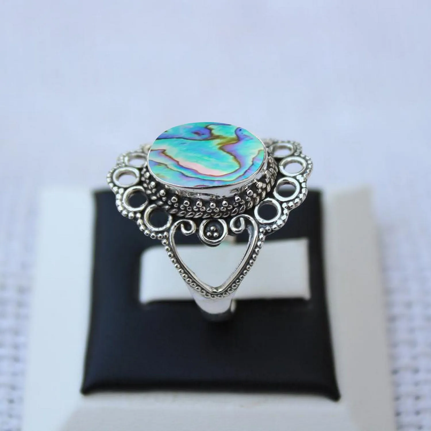 Solid 925 Sterling Silver Ring for Women & Men, Abalone Shell Ring Gemstone Unique Handcrafted Ring (US Size 11)