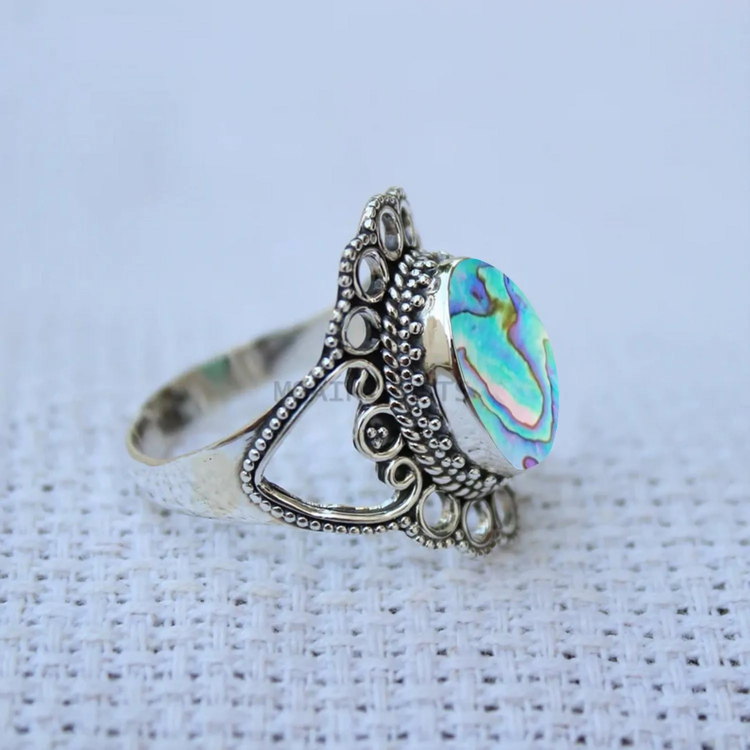Solid 925 Sterling Silver Ring for Women & Men, Abalone Shell Ring Gemstone Unique Handcrafted Ring (US Size 11)