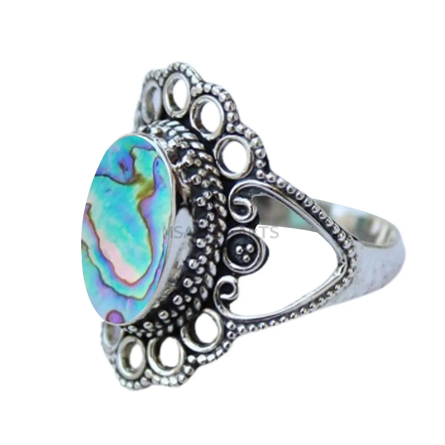 Solid 925 Sterling Silver Ring for Women & Men, Abalone Shell Ring Gemstone Unique Handcrafted Ring (US Size 11)