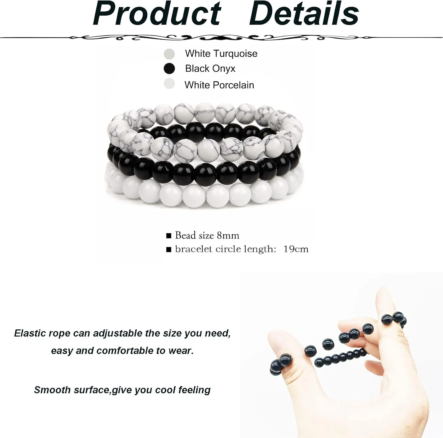 SONNYX 3Pcs 8mm Semi-Precious Gemstones Beaded Bracelets for Women Men Crystal Stone Bracelet Stretch Round Beaded Elastic Bracelets Unisex Jewelry