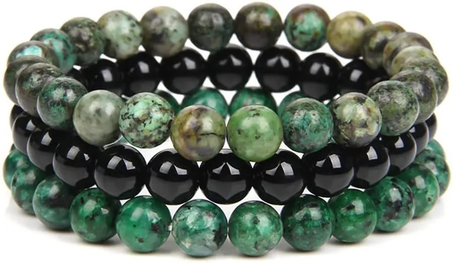 SONNYX 3Pcs 8mm Semi-Precious Gemstones Beaded Bracelets for Women Men Crystal Stone Bracelet Stretch Round Beaded Elastic Bracelets Unisex Jewelry