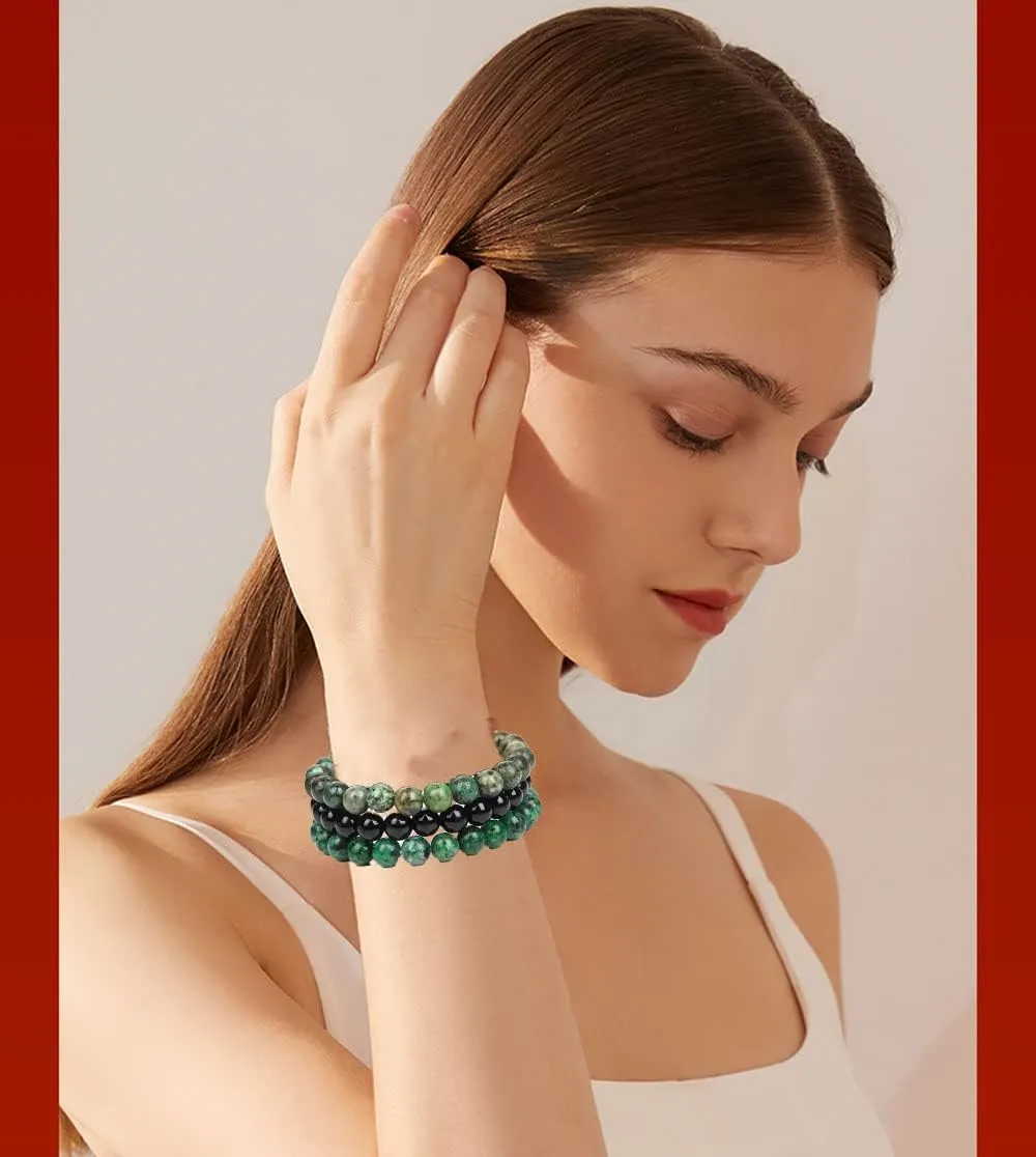 SONNYX 3Pcs 8mm Semi-Precious Gemstones Beaded Bracelets for Women Men Crystal Stone Bracelet Stretch Round Beaded Elastic Bracelets Unisex Jewelry