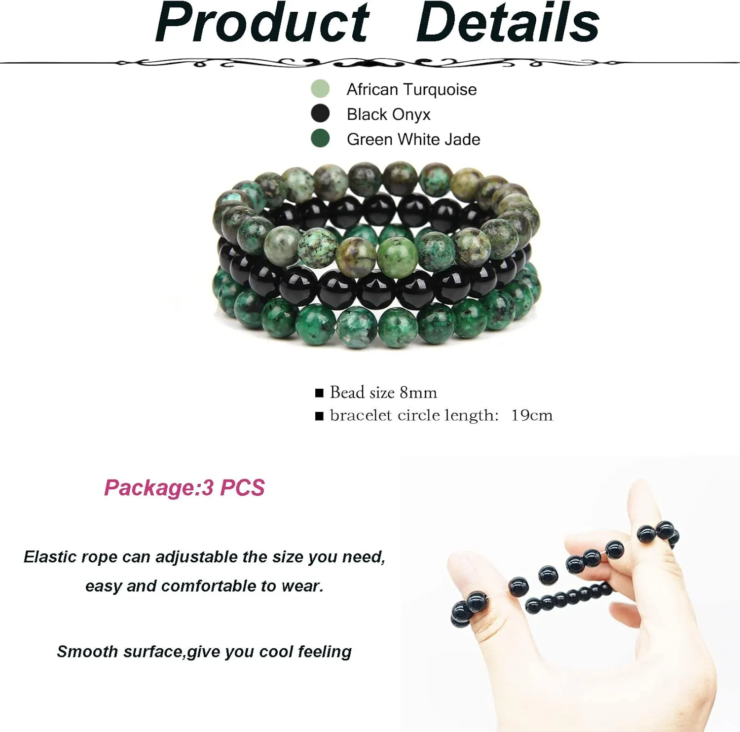 SONNYX 3Pcs 8mm Semi-Precious Gemstones Beaded Bracelets for Women Men Crystal Stone Bracelet Stretch Round Beaded Elastic Bracelets Unisex Jewelry
