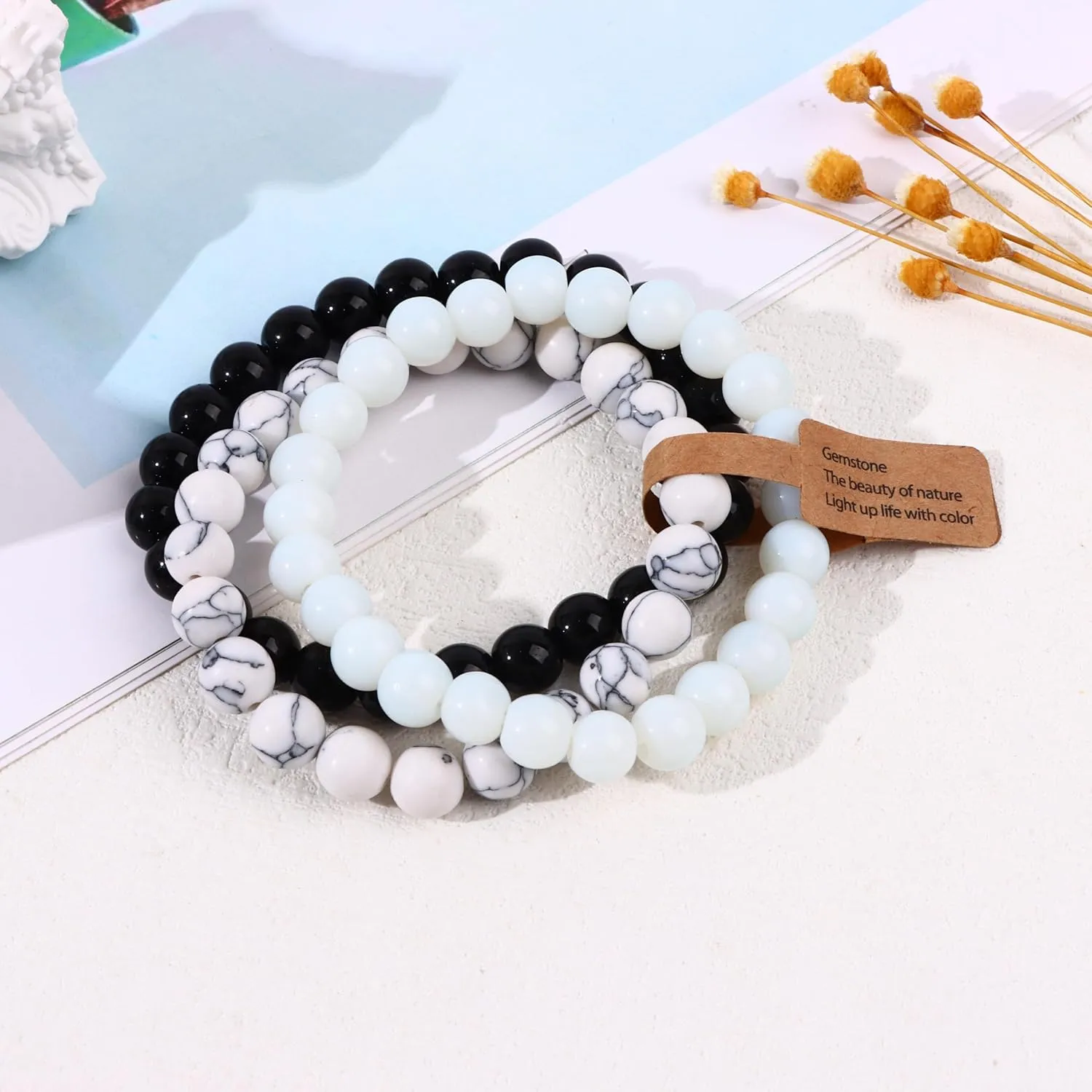 SONNYX 3PCS Crystal Stone Bracelets for Women Men Semi-Precious Gemstone Bracelets 8mm Round Beads Stretch Beaded Bracelet Jewelry