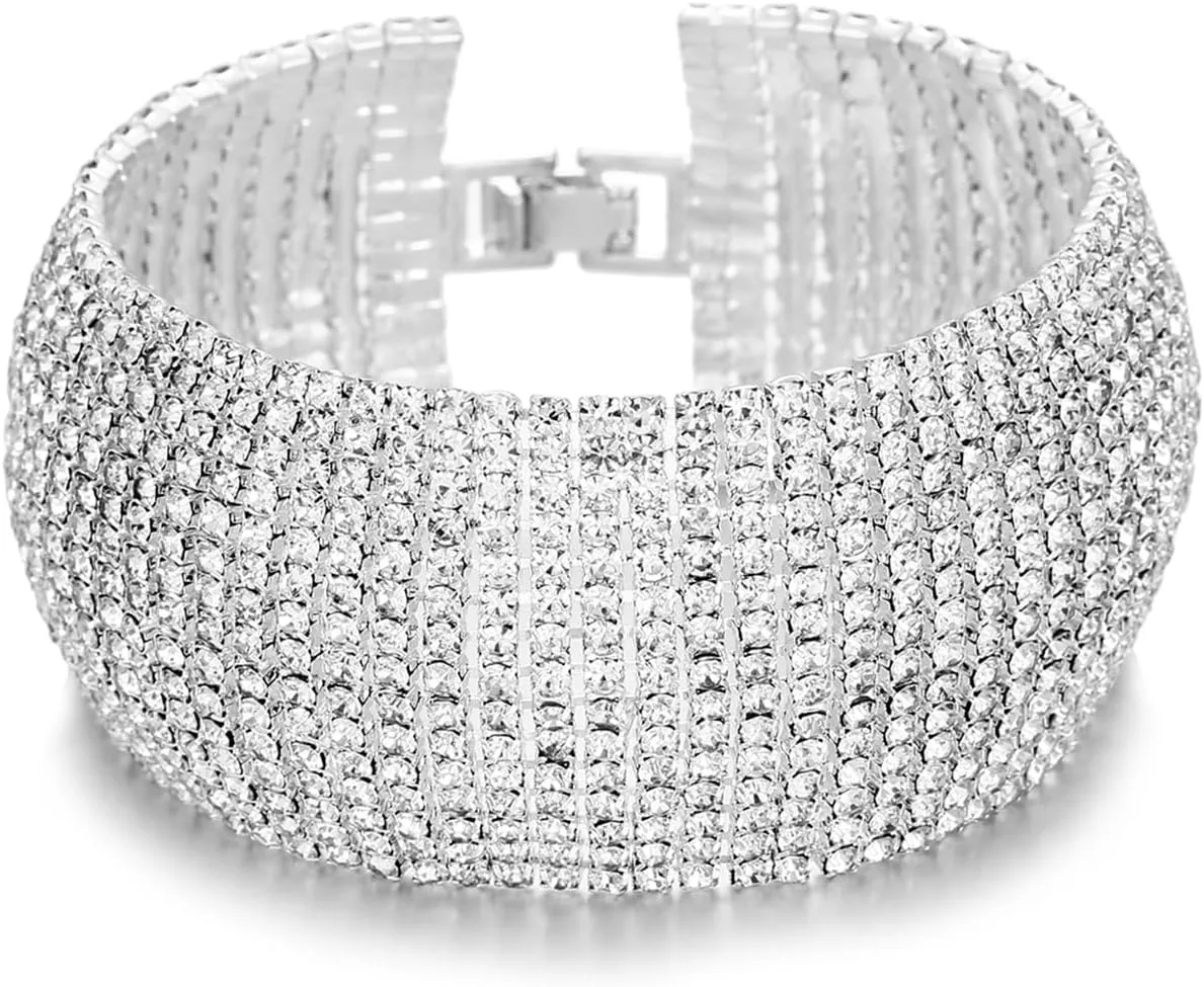 Sparkly Silver/Gold Rhinestone Bracelet for Women Chunky Bangle Bracelets Wedding Jewelry