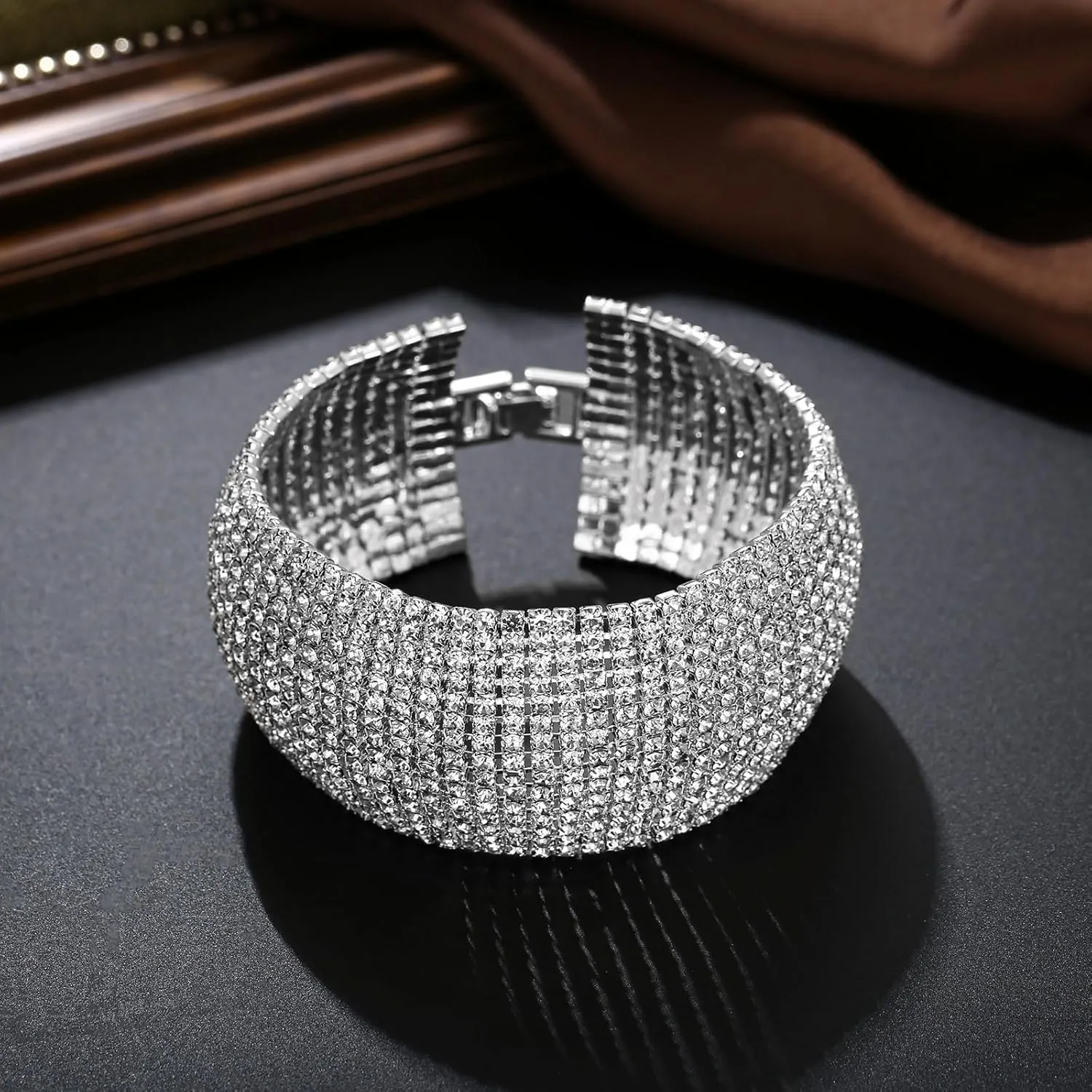Sparkly Silver/Gold Rhinestone Bracelet for Women Chunky Bangle Bracelets Wedding Jewelry