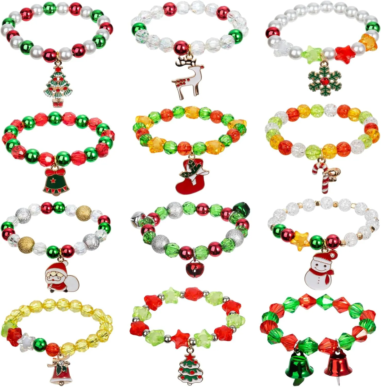 Spiritlele 12 Pieces Christmas Bracelets Santa Claus Deer Tree Bell Charm Bracelets Costume Beaded Strand Stretch Bracelet Wristband Set
