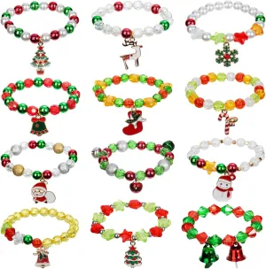 Spiritlele 12 Pieces Christmas Bracelets Santa Claus Deer Tree Bell Charm Bracelets Costume Beaded Strand Stretch Bracelet Wristband Set