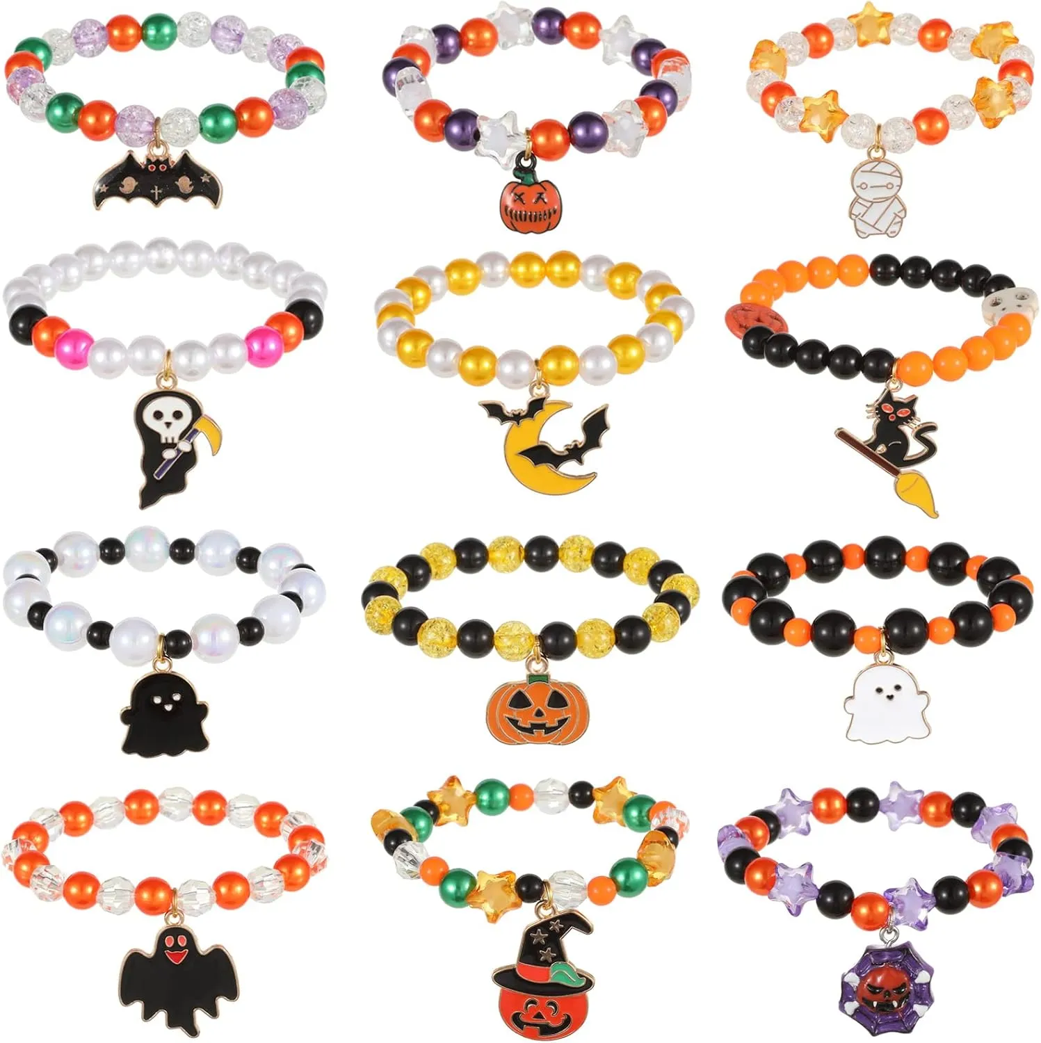 Spiritlele 12 Pieces Halloween Bracelet Pumpkin Ghost Bat Cat Charm Bracelets Costume Beaded Strand Stretch Bracelets Wristband Set