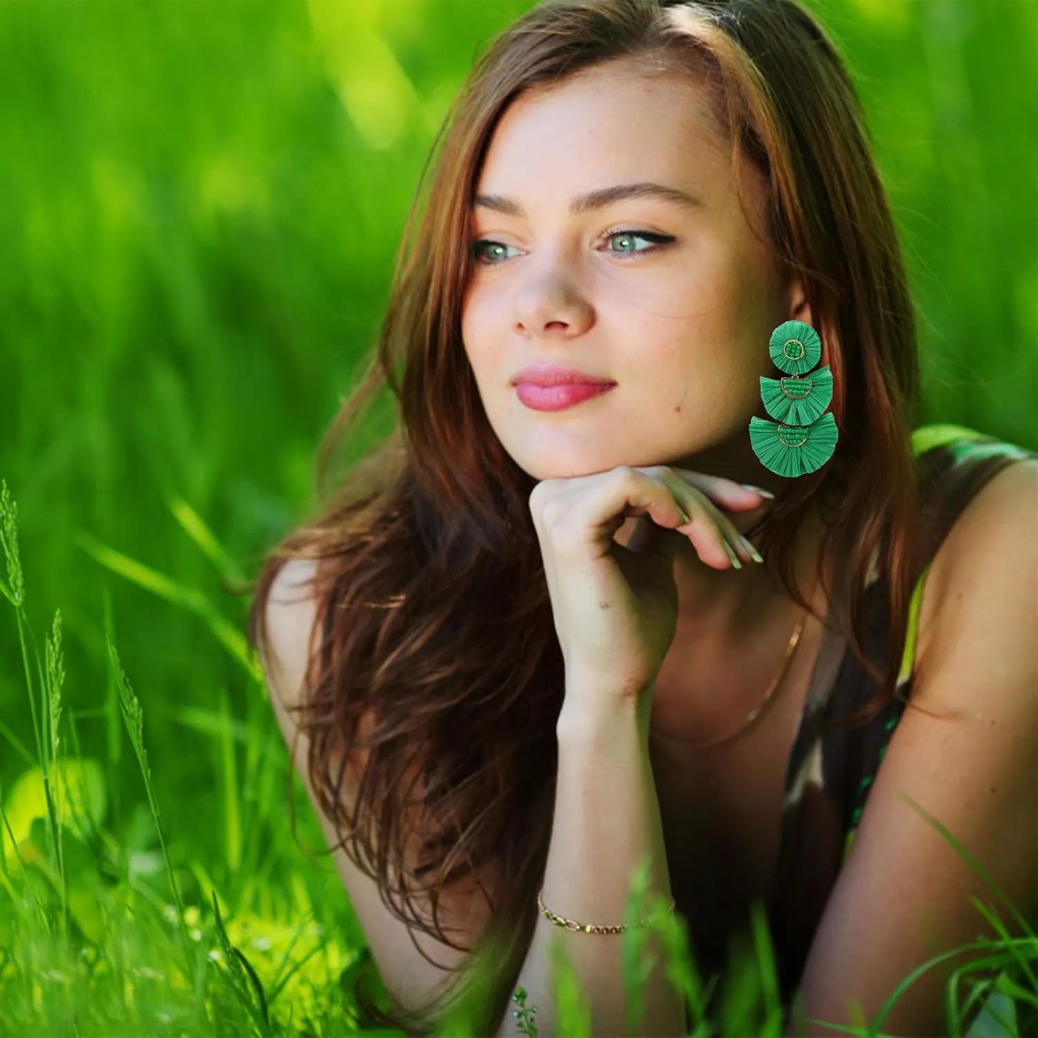 Statement Earrings Beaded Raffia Palm Bohemian Drop Dangle Earrings for women