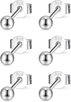 Sterling Silver Round Ball Stud Earrings for Women Men, 3 Pairs Hypoallergenic Small Tiny Stud Earring Set (Diameter 2/3/4mm)