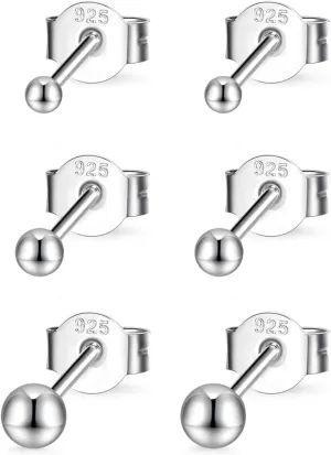 Sterling Silver Round Ball Stud Earrings for Women Men, 3 Pairs Hypoallergenic Small Tiny Stud Earring Set (Diameter 2/3/4mm)