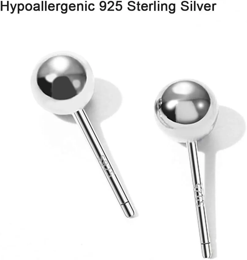 Sterling Silver Round Ball Stud Earrings for Women Men, 3 Pairs Hypoallergenic Small Tiny Stud Earring Set (Diameter 2/3/4mm)